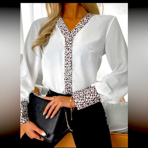 Leopard Patch Lantern Sleeve Button Front Top - Picture 2 of 7